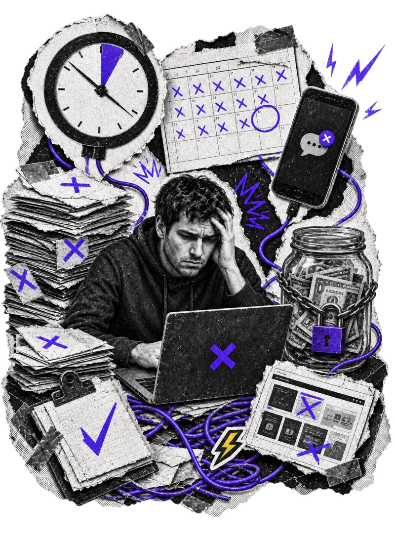 Перегруженный специалист работает среди дедлайнов, неотвеченных сообщений и запертых накоплений