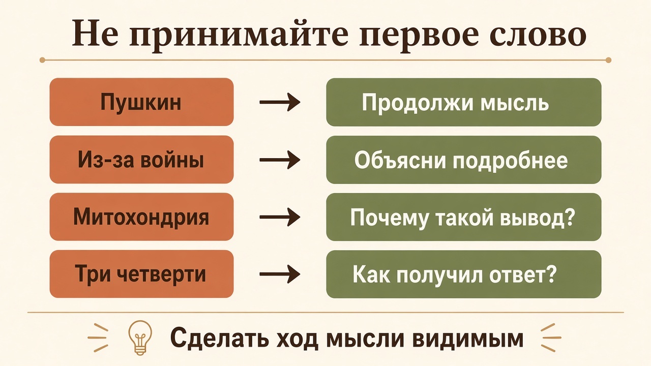 Первое слово возвращается вопросом: продолжи мысль, объясни подробнее