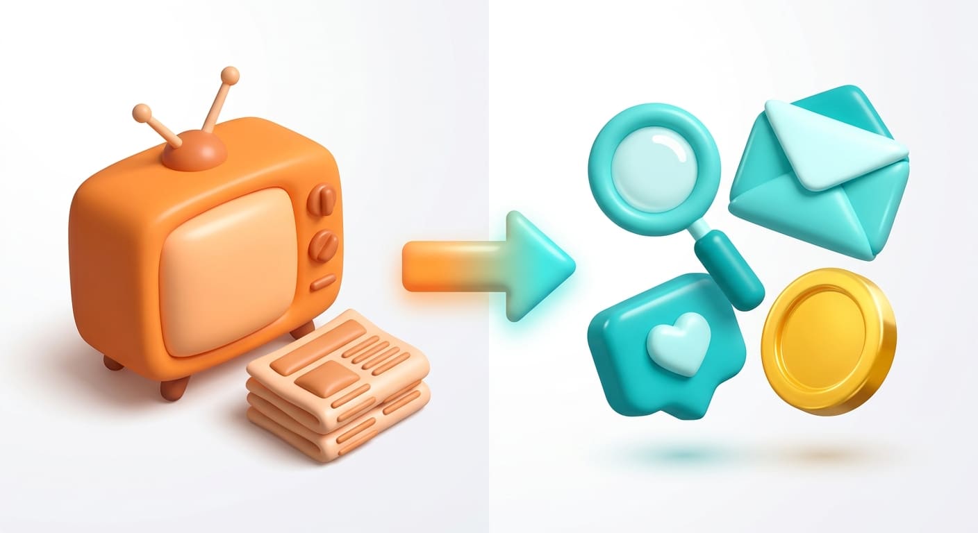 3D-иллюстрация с мягкими плавными формами: слева — старый телевизор и газета,