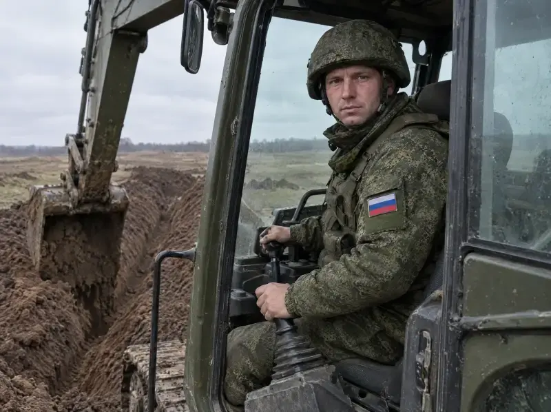 Экскаваторщик в кабине роет траншею
