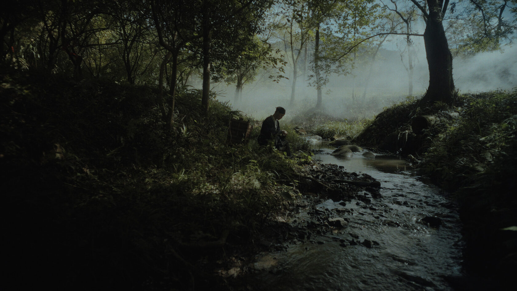 A figure rests beside a forest stream as sunlight cuts through mist and trees.