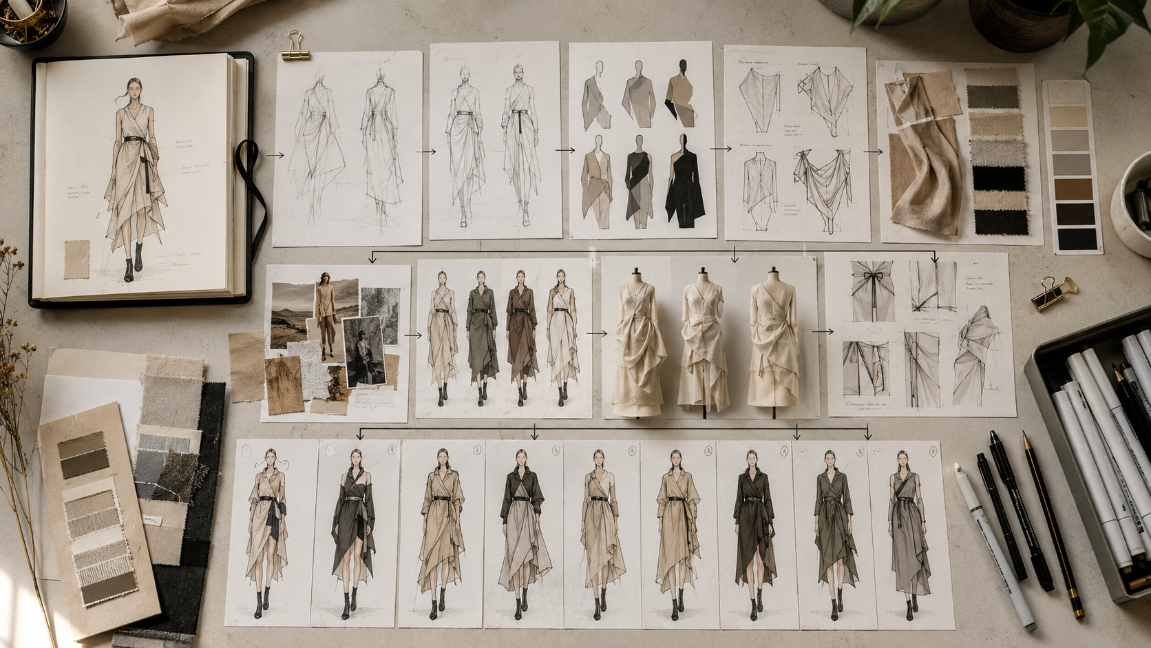 Fashion portfolio development sketches showing rough sketches, silhouette studies, fabric tests, color variations, draping experiments, and design process pages.