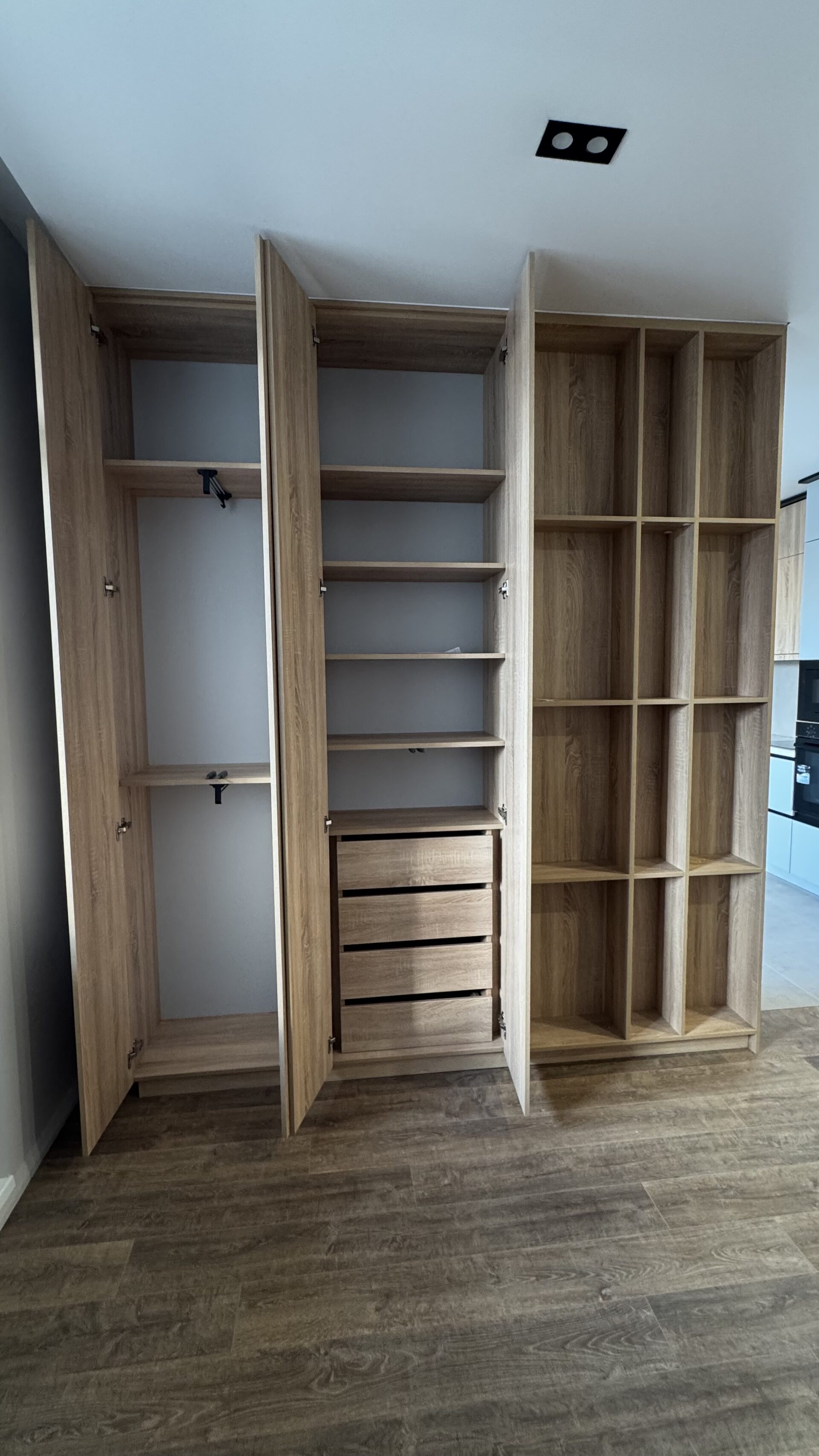 шкаф на заказ в зал с открытыми и закрытыми секциями, наполнение