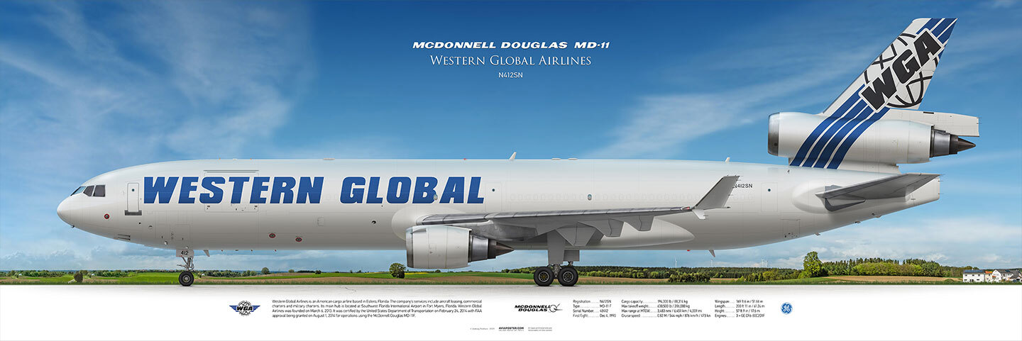 Cargo plane on a landscape background. McDonnell Douglas MD-11F, Western Global Airlines
