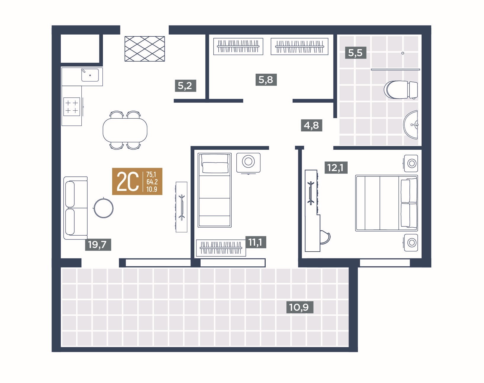 2-комнатный 75,1 м²
