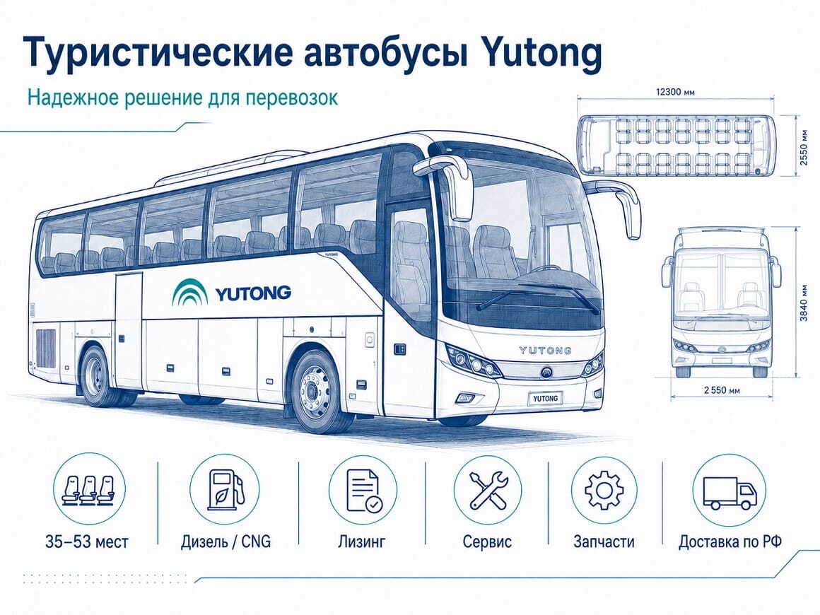 Туристические автобусы Yutong: вместимость, дизельные и газовые модели, лизинг, сервис и доставка