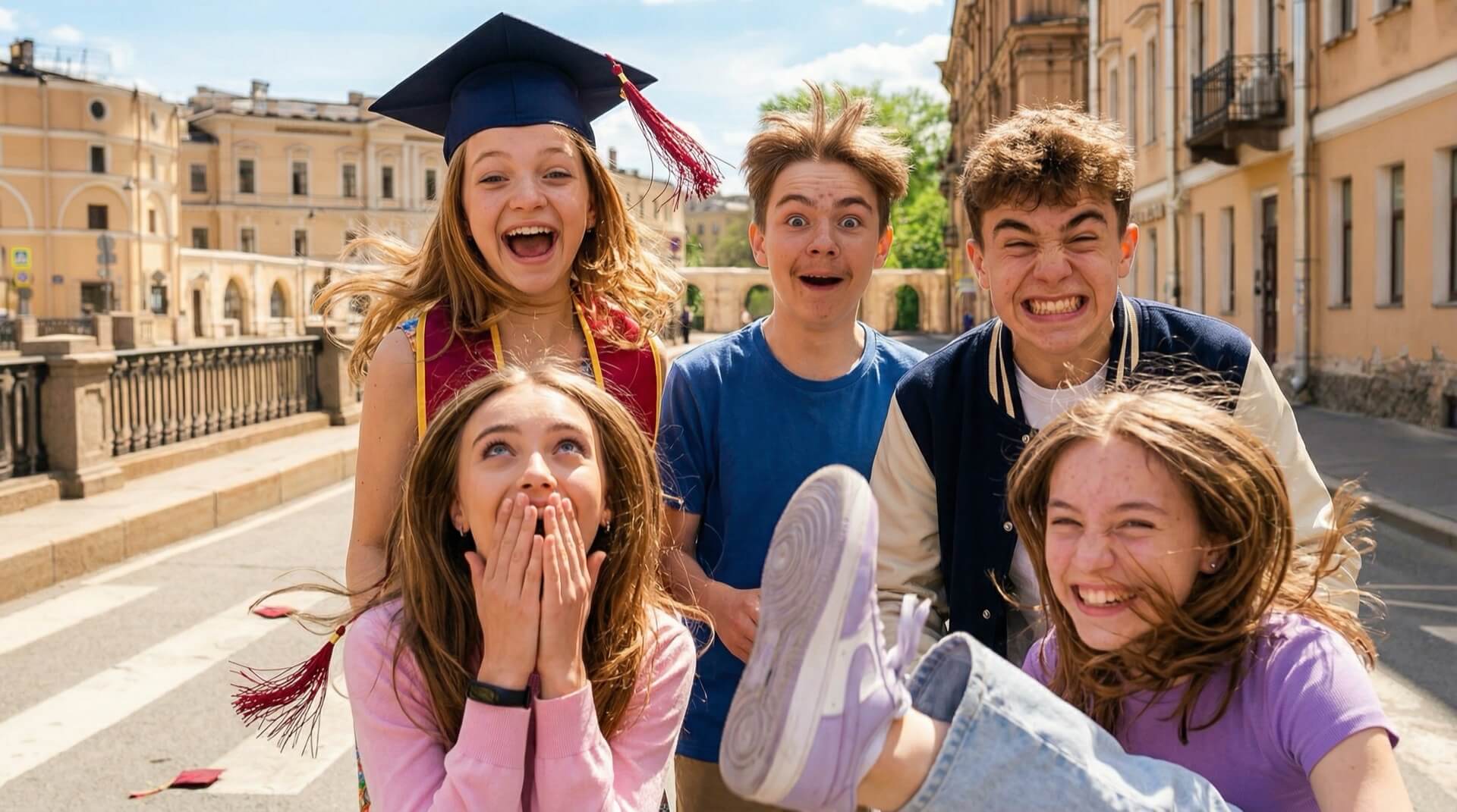 Выпускники 9 класса в академической шапке радостно смеются на улице — песня на выпускной 9 класса