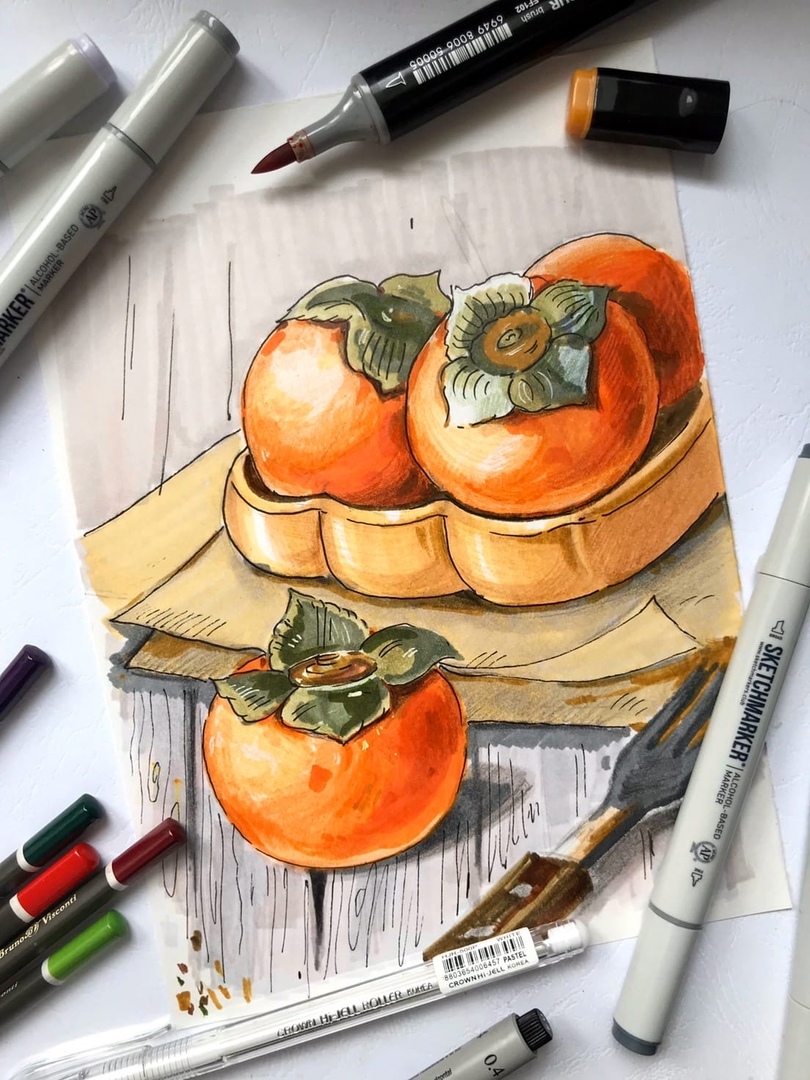 Скетч маркерами: натюрморт с хурмой в корзине