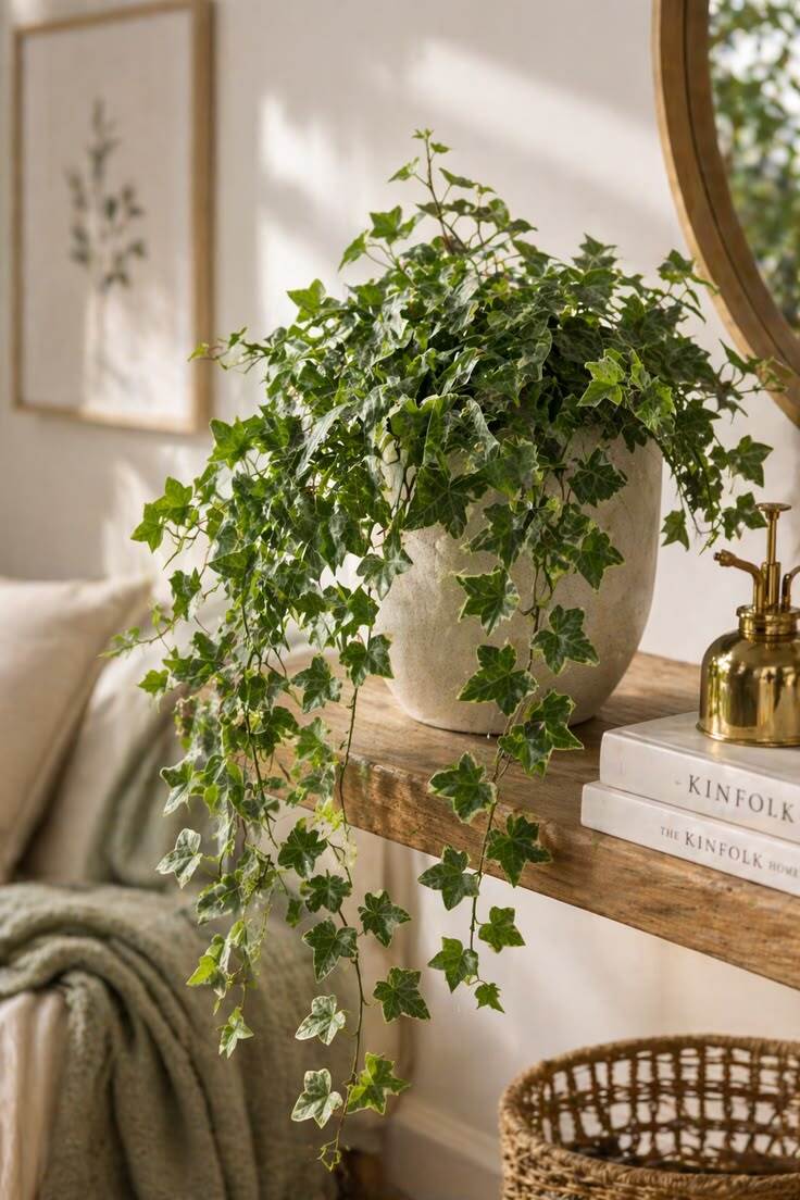 Potted plant on wooden shelf