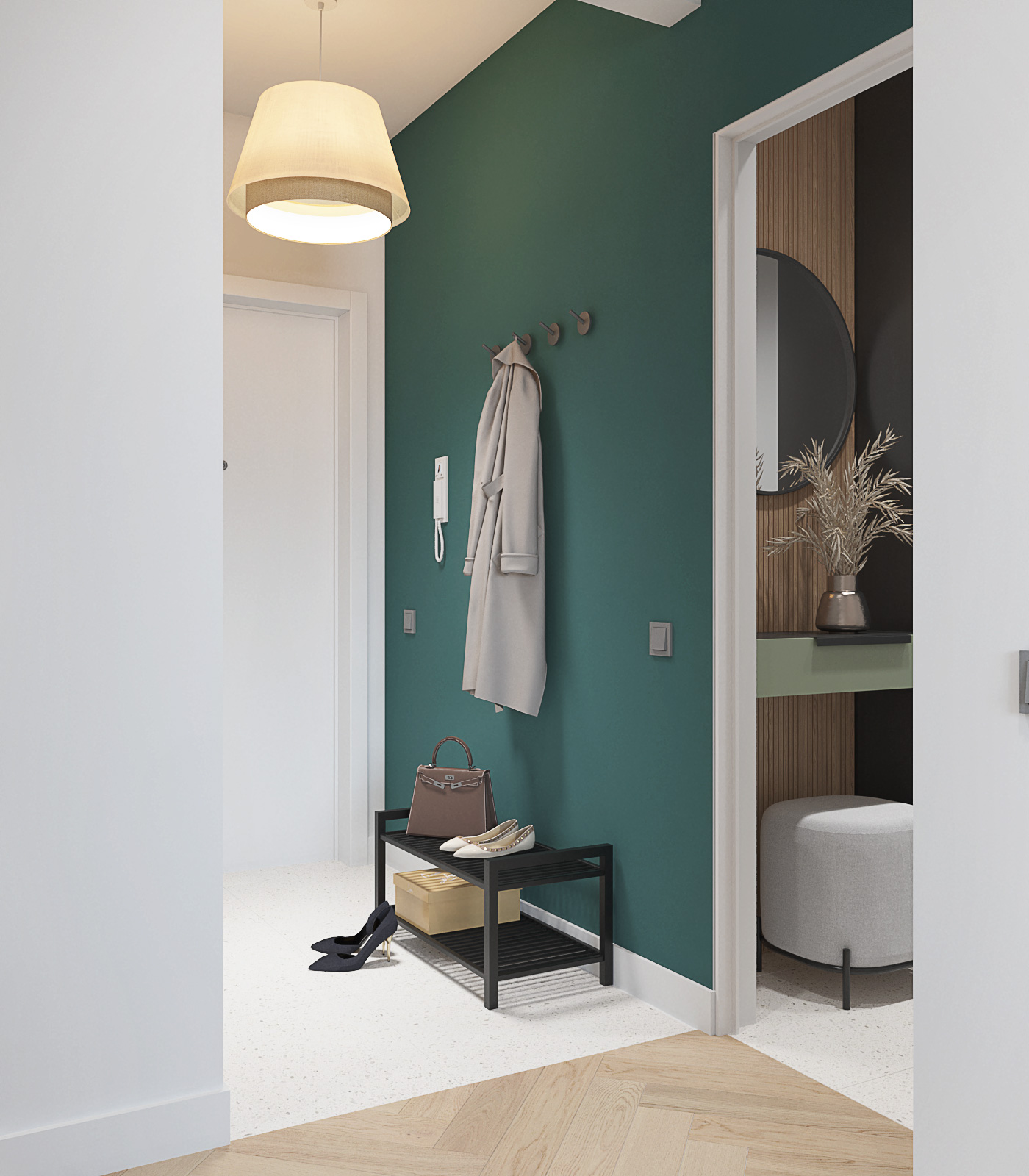 Прихожая в скандинавском стиле с изумрудной стеной. Вход в гардеробной из прихожей. 