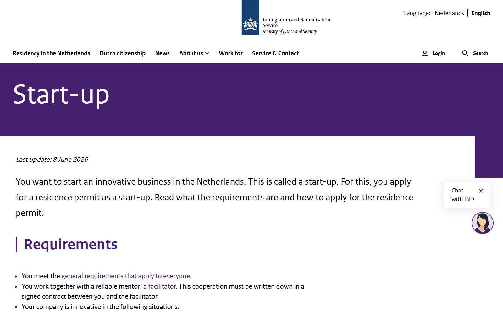 IND start-up residence permit page screenshot (October 2026)