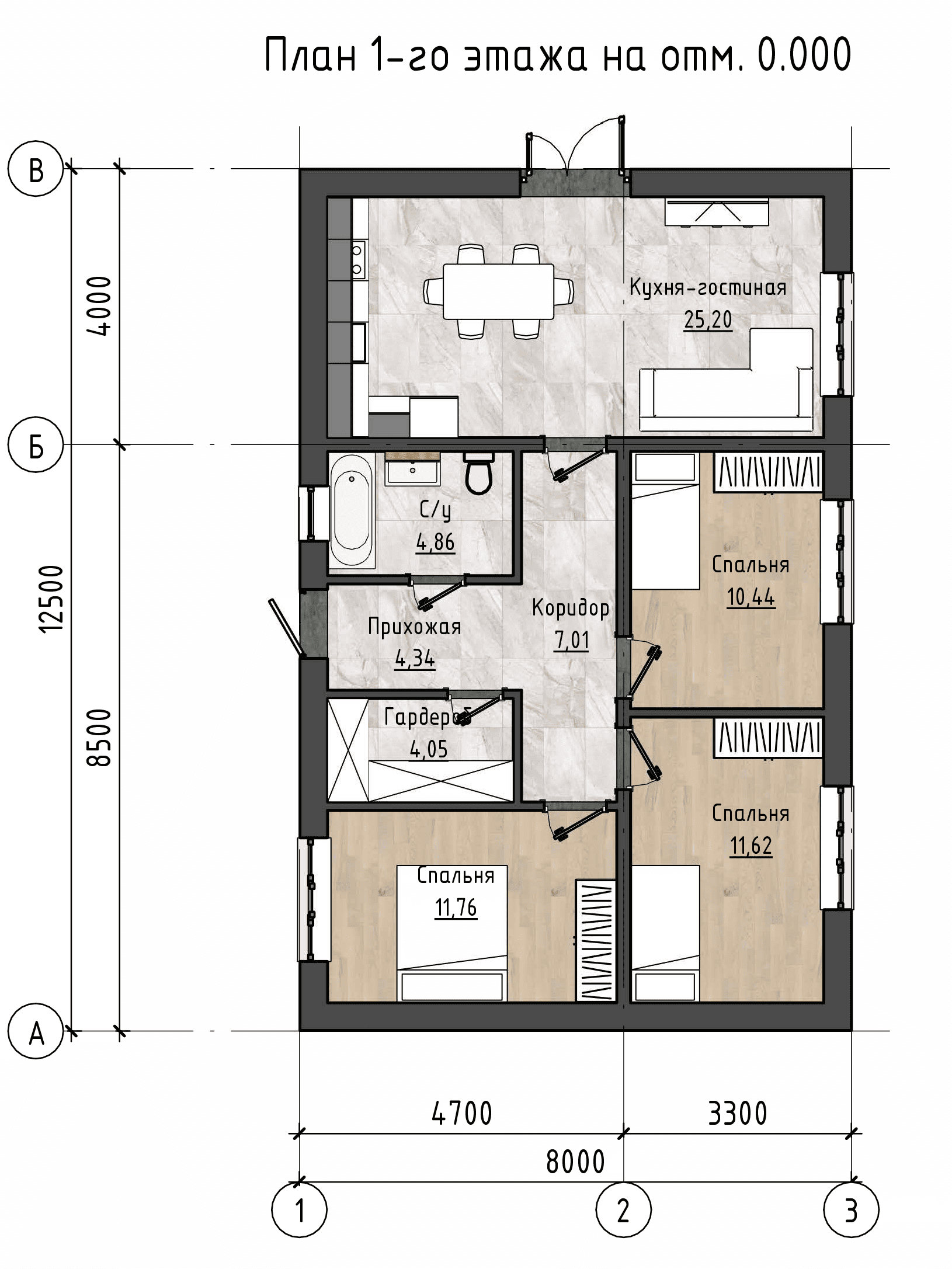 Планировка одноэтажного дома с тремя спальнями, совмещенным санузлом, гардеробной и кухней-гостиной