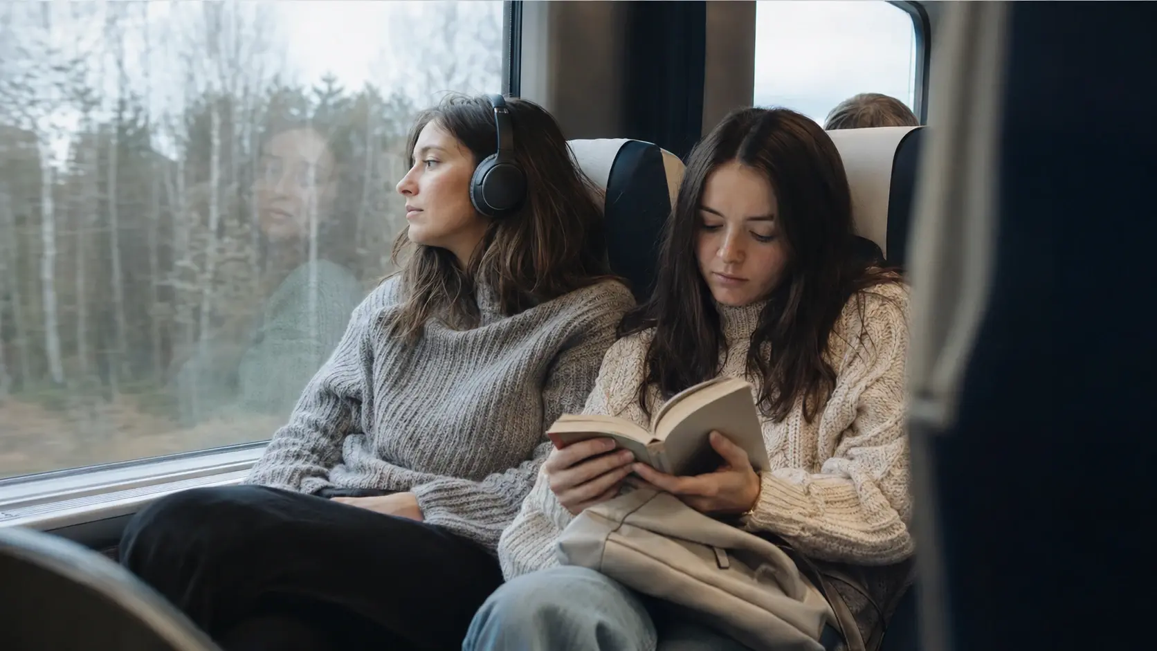 Мать и взрослая дочь сидят рядом в поезде, каждая занята своим делом.