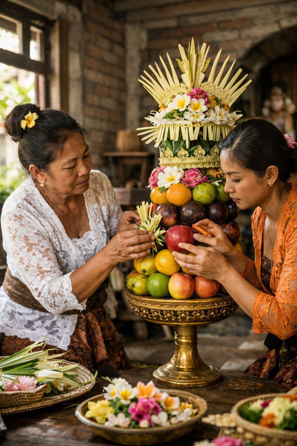 Persiapan gebogan di rumah Bali sebelum dibawa ke prosesi upacara