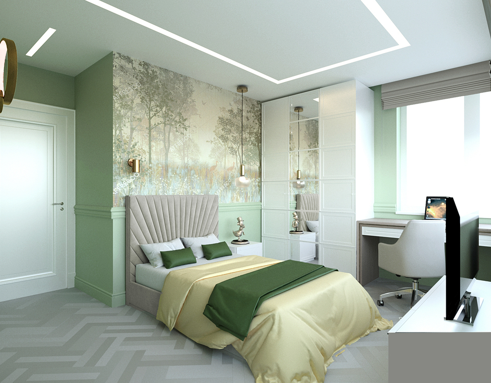 дизайн подростковой комнаты с молдингами, фреской, линейным встроенным светом, доской-ёлочкой на полу