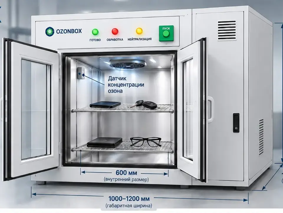 Визуализация проходной камеры Ozonbox с двумя дверями, двумя полками и световыми индикаторами