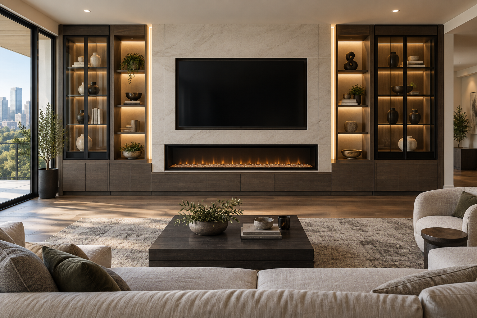 Large-scale custom media wall with porcelain panels, an oversized fireplace, dark oak cabinetry, glass display cabinets, and integrated lighting.