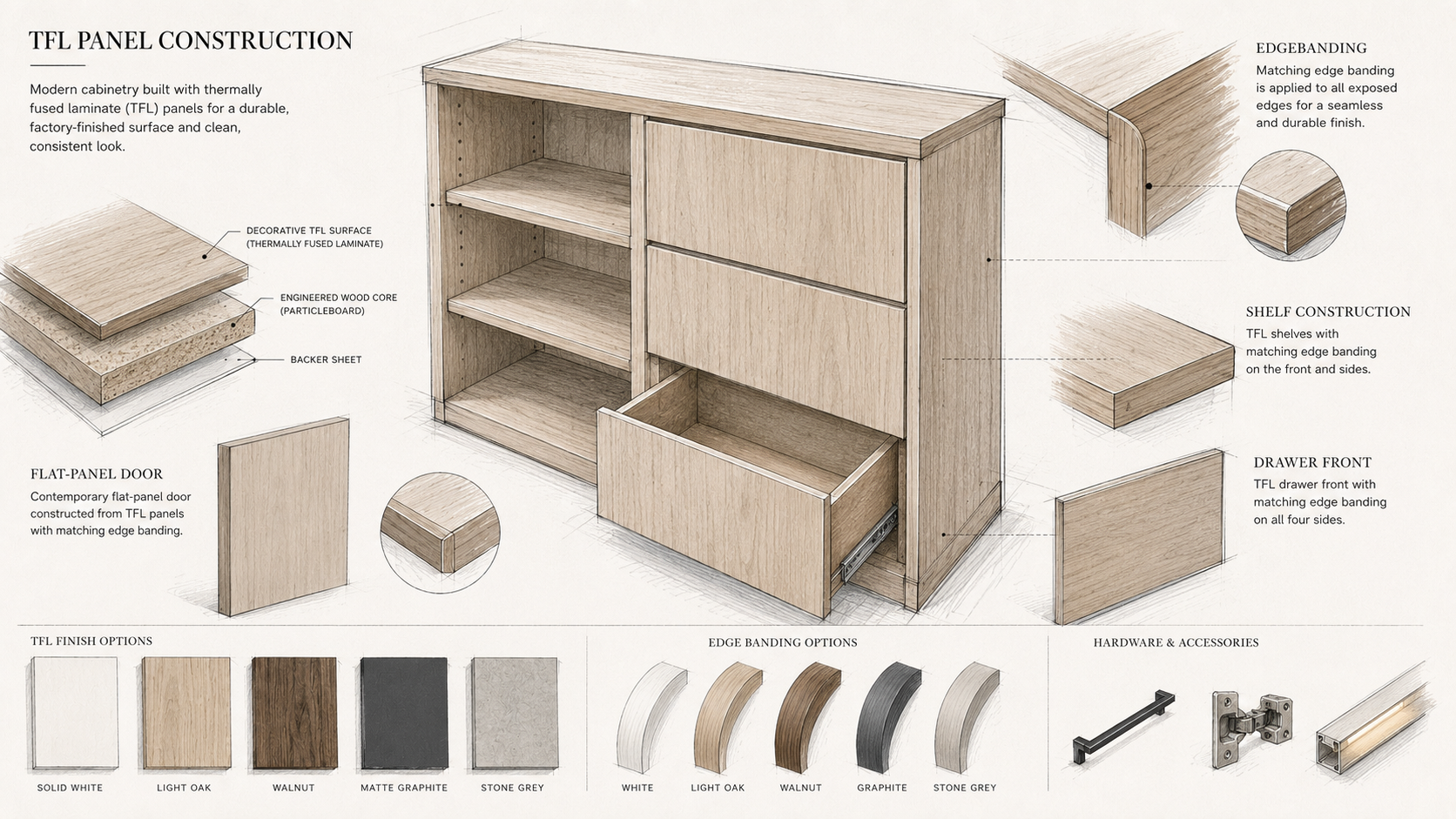 Technical illustration of TFL cabinetry showing thermally fused laminate panels, engineered wood core, matching edge banding, shelves, doors, and drawers