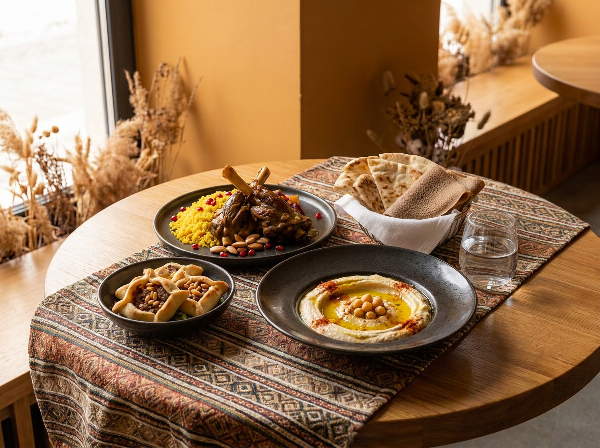 Блюда африканской и ближневосточной кухни: хумус с оливковым маслом, ливанские пирожки, баранина с шафрановым птитимом