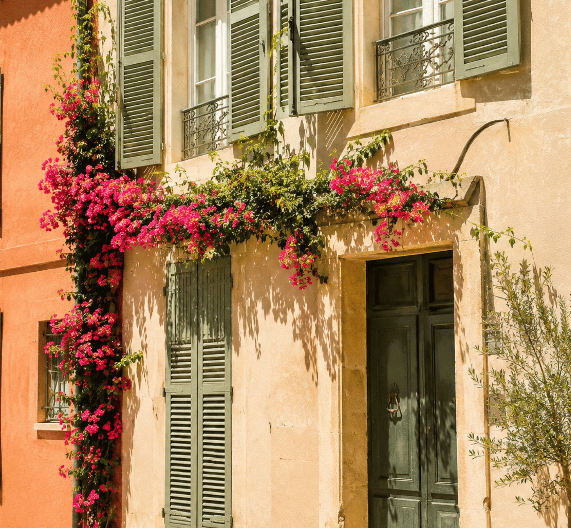 Traditional French house facade with flowering balcony, Provence
