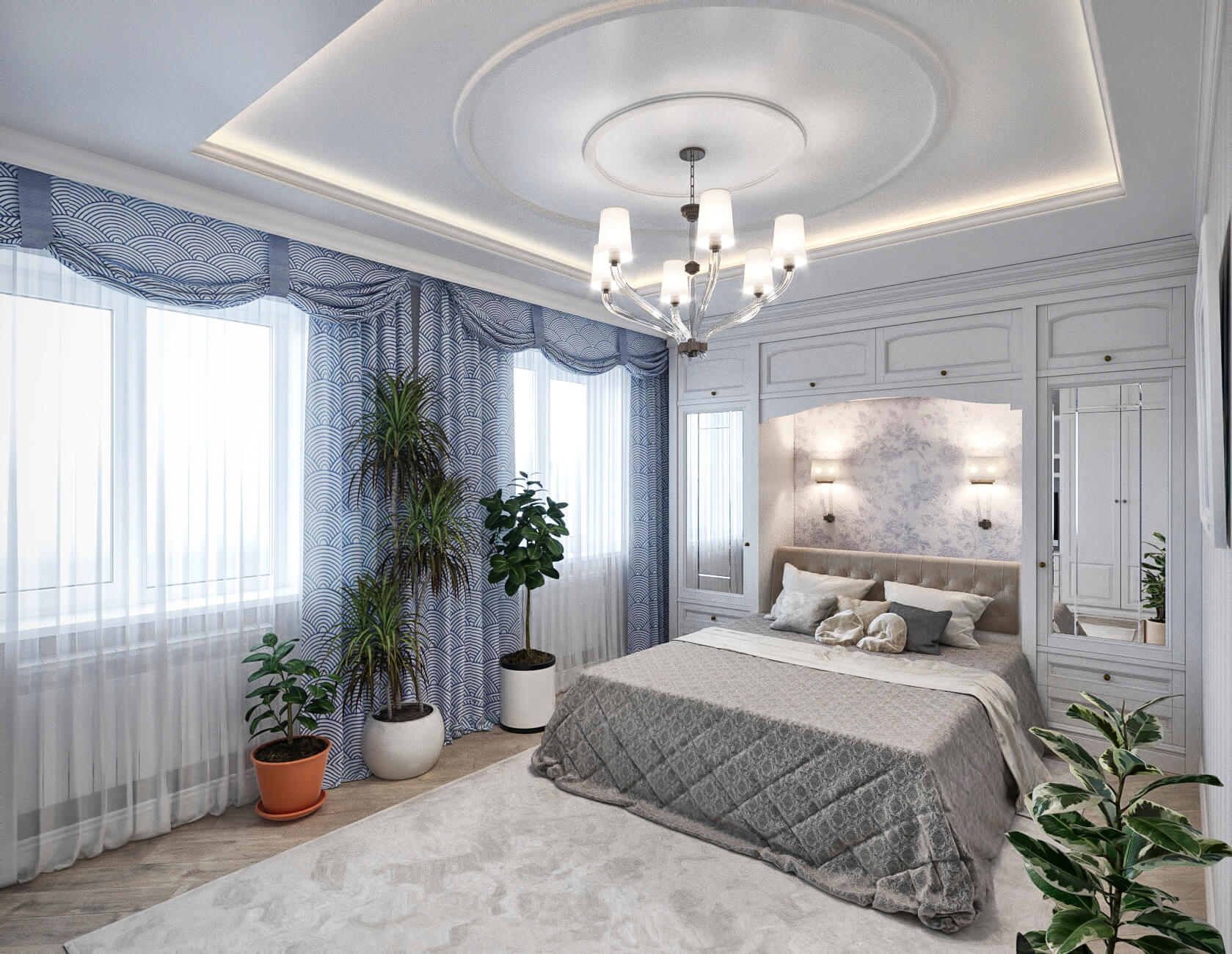 Дизайн спальни Неоклассика с натяжными потолками