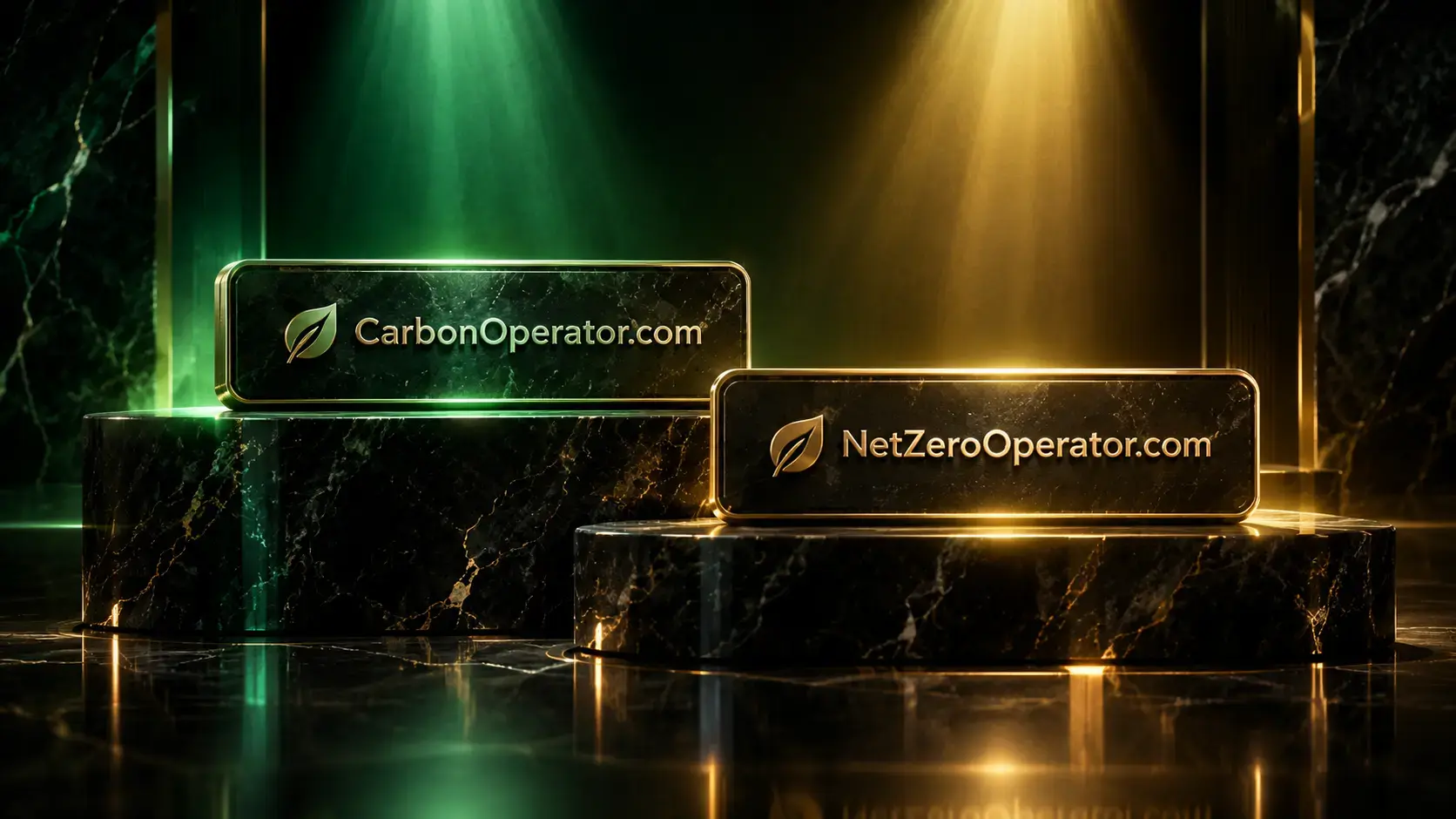 Premium dark luxury showcase on polished black marble displaying two domain nameplates: CarbonOperator.com and NetZeroOperator.com in refined metallic typography with emerald-green and golden spotlight illumination, representing professional carbon management and net-zero execution platforms
