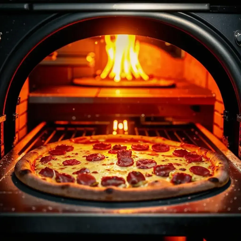 Готовую пиццу вытаскивают из печи