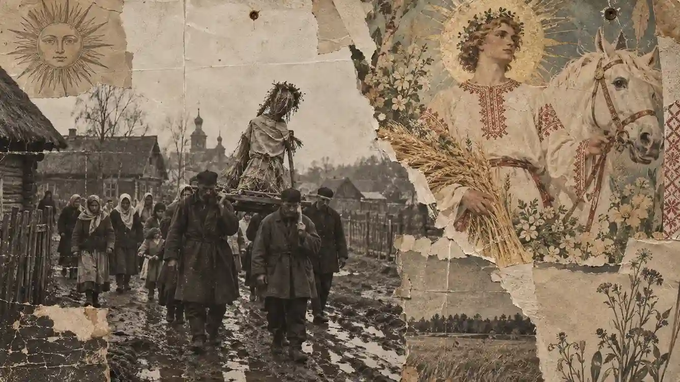 Ярило: коллаж с деревенской процессией и обрядовой фигурой на фоне идеализированного образа юноши с белым конём