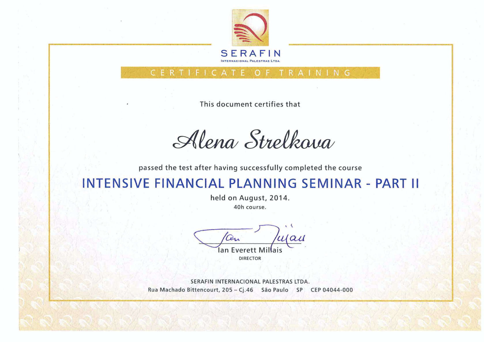 Certificate Alena Planning Финансовое планирование SERAFIN