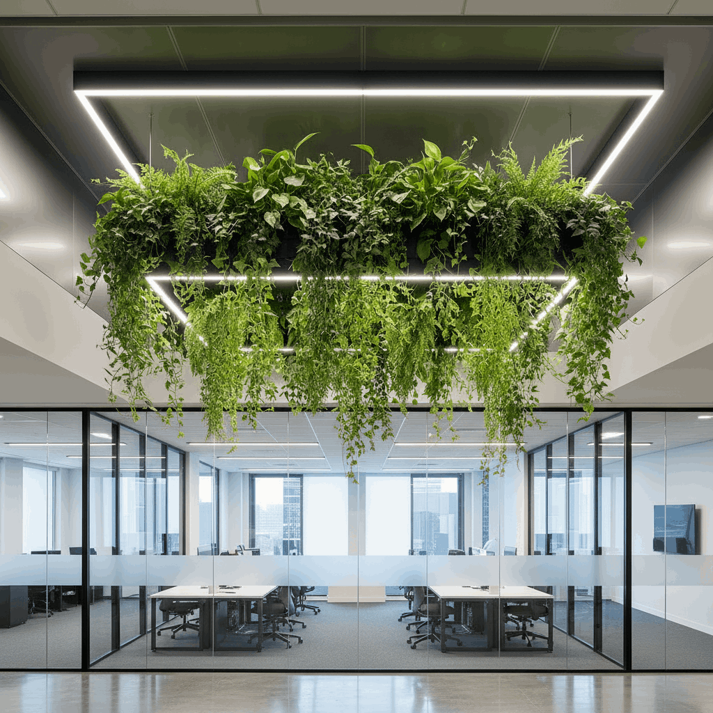 Озеленение коммерческого пространства — потолочная фитоконструкция с живыми свисающими растениями в open space