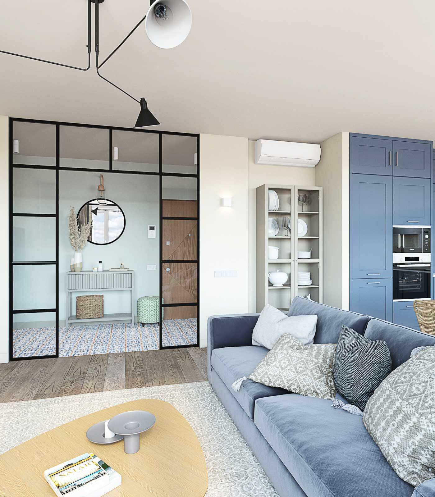 лофтовая перегородка в прихожей и гостиной, диван для гостиной, сервант в гостиной и кухне, треугольный столик