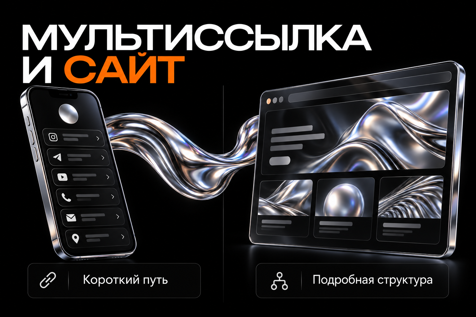 Сравнение короткой мультиссылки и сайта с подробными разделами.