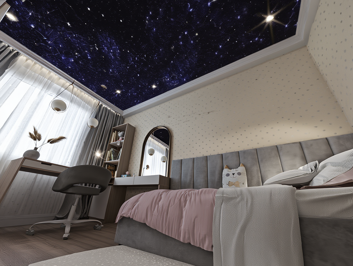 Звёздное небо на натяжном потолке в детской подростка, оптоволокно с эффектом мерцающих звёзд