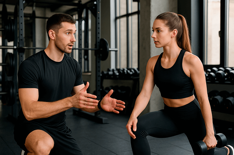 Тренер объясняет клиентке технику упражнения в спортзале, помогая скорректировать движение. Визуал подчеркивает ключевые навыки фитнес-инструктора: коммуникацию, внимание к деталям и умение обучать.