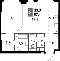2-комн 57,4 м²