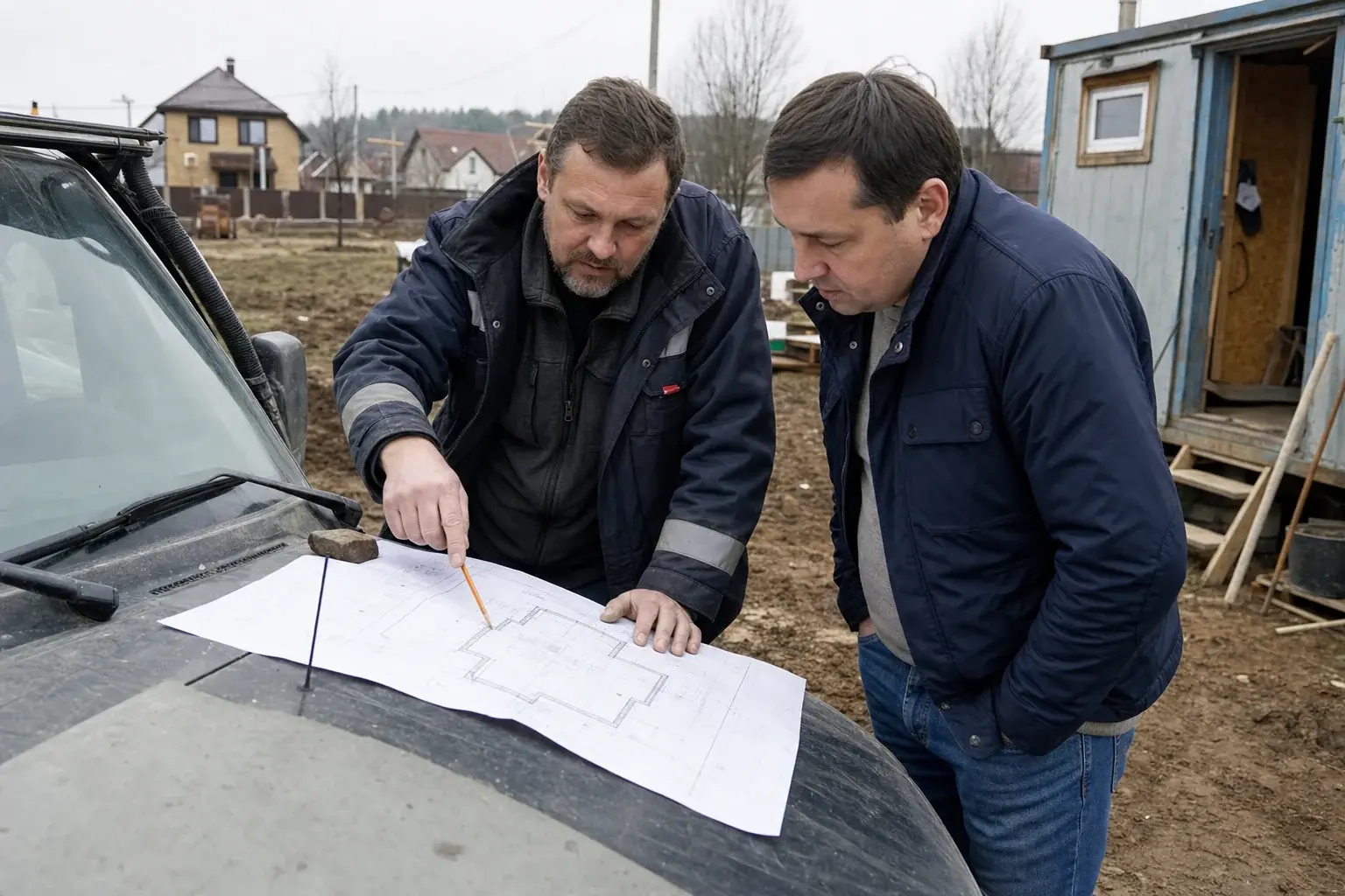 Геолог и заказчик проверяют план дома на реальном участке