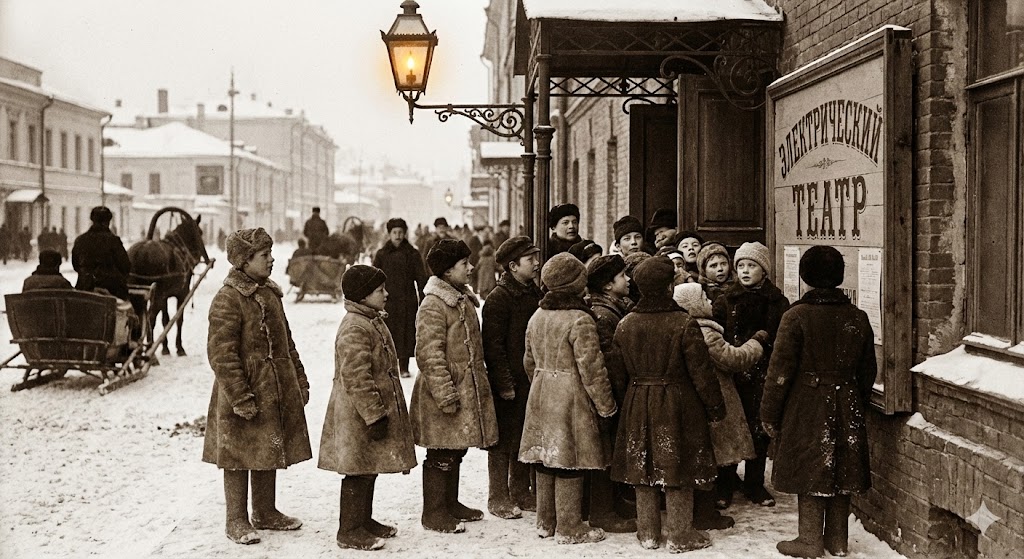 Дети у входа в Электрический театр в Москве, 1898 год, первый кинопоказ.