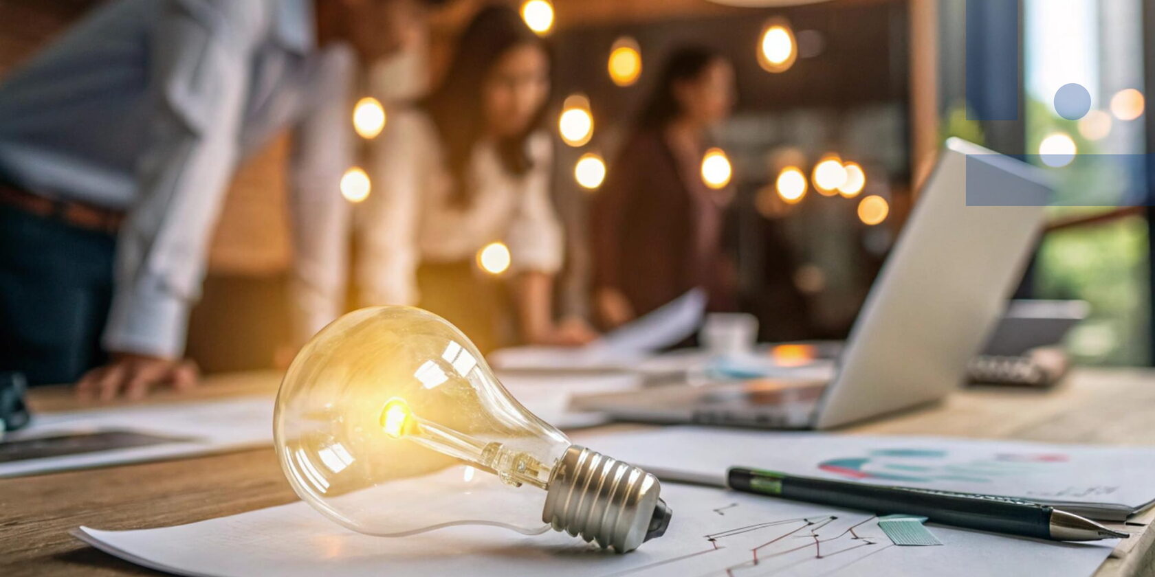 Idee de business la început: bec pe masa de lucru ca simbol al lansării unui nou proiect, verificării cererii, calculării cheltuielilor și pregătirii afacerii.