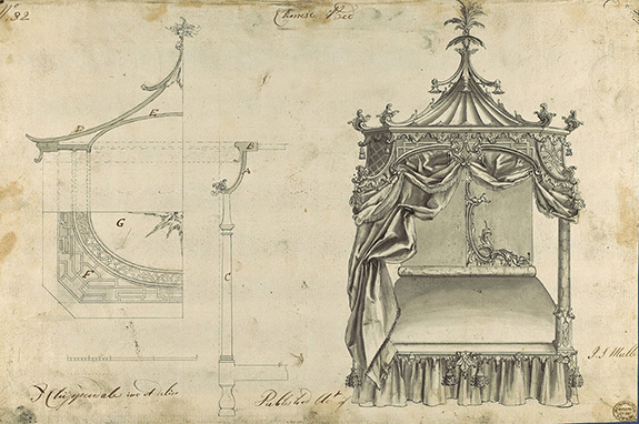 Чертеж и иллюстрация кровати в китайcком стиле из книги «Руководство для дворянина и краснодеревщика»