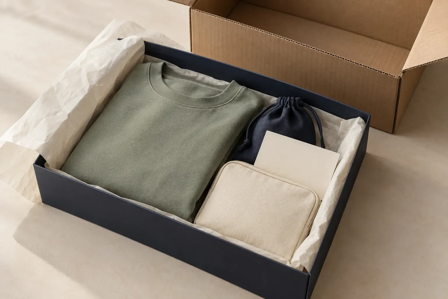 Подарочный welcome pack со свитшотом, текстильным мешочком, косметичкой и карточкой; рядом внешняя коробка для отправки