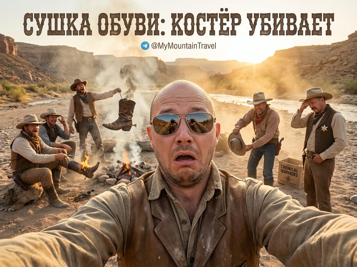 Сушка обуви в походе с помощью химических грелок.