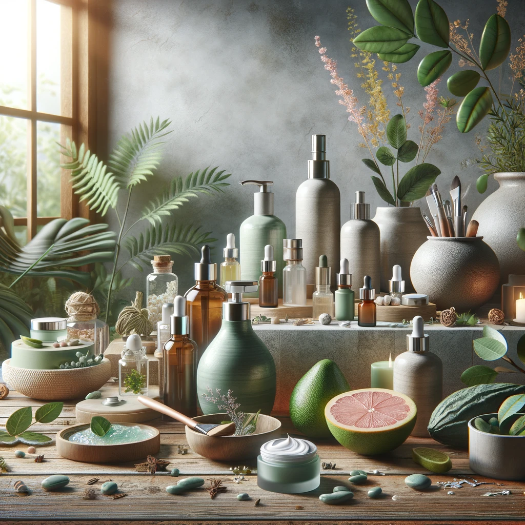 An image depicting a serene spa-like setting or a home bathroom filled with skincare products like creams, serums, and face masks, emphasizing skin care and anti-aging treatment. The background should subtly include natural elements like plants or natural ingredients symbolizing organic cosmetics. Additional elements like antioxidants fruits or herbs should complement the scene, reflecting the fight against oxidative stress and skin aging. The overall atmosphere should convey tranquility, self-care, and a natural approach to beauty, without any people or body parts in the image.