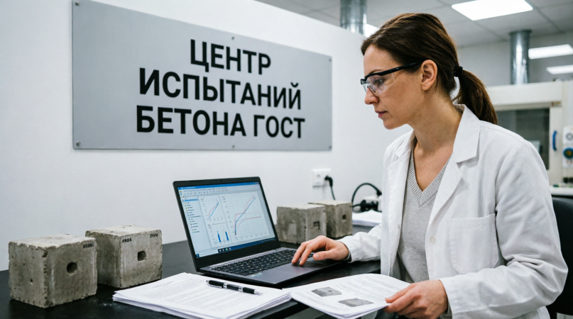 Испытания образцов бетона на сжатие