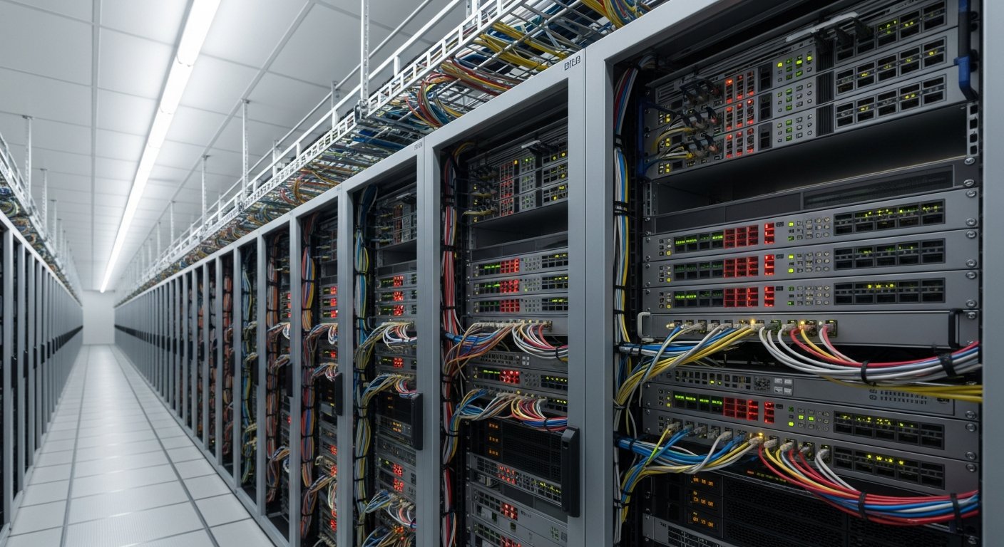 Центр обработки данных с точками подключения оборудования, кабелями и индикаторами активности