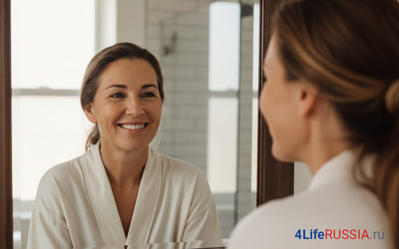 Женщина улыбается себе в зеркале — мягкие ежедневные привычки заботы о себе с поддержкой 4Life Transfer Factor