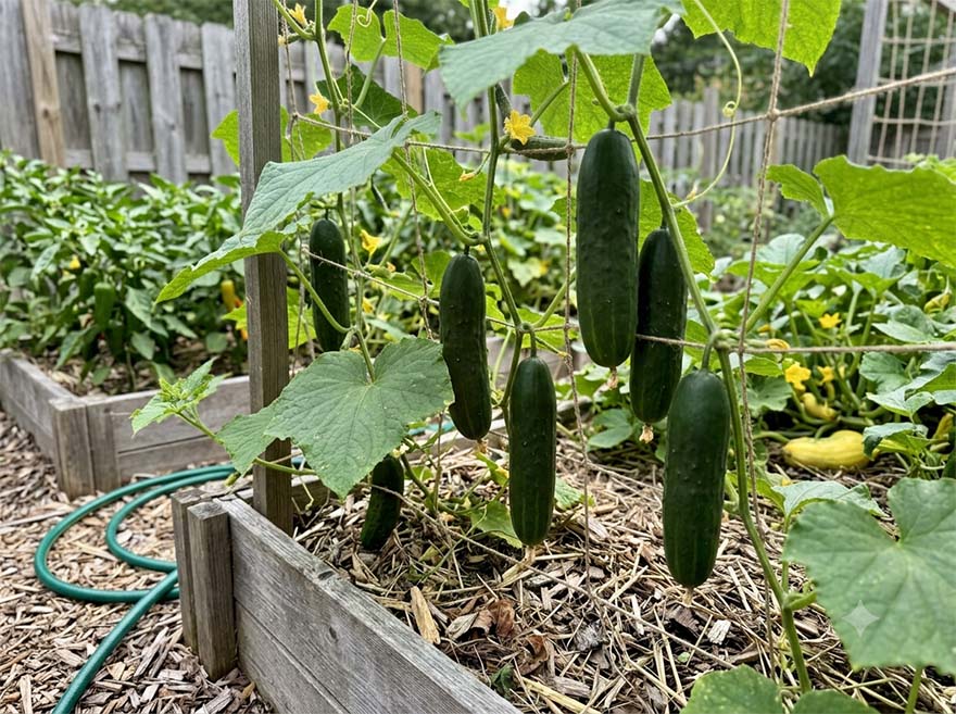 Healthy trellised cucumber vine with straight, even fruit