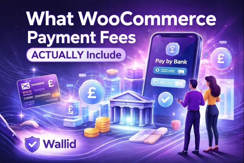 Illustration explaining WooCommerce payment fees, showing Pay by Bank payments, transaction costs, and Wallid’s role in reducing payment friction