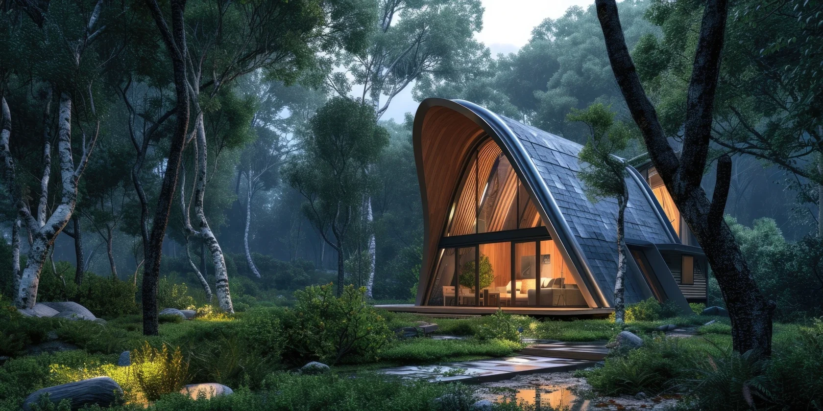 Photorealistic wooden house with timber structure