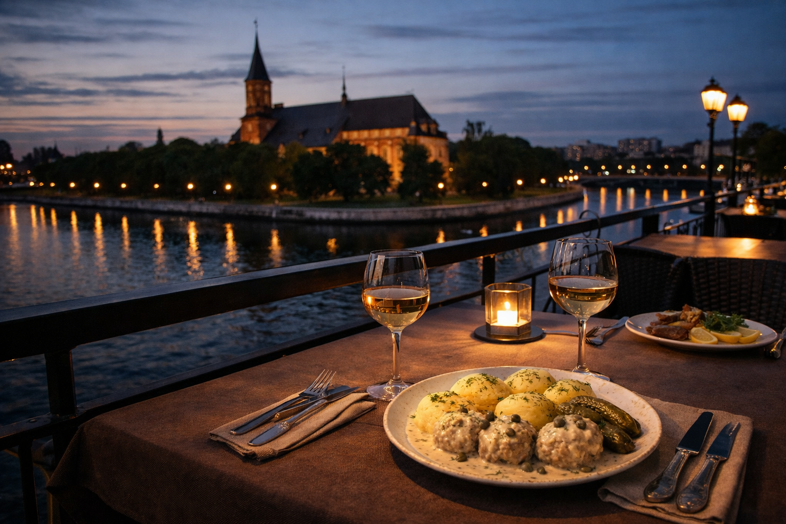 Ужин на набережной Калининграда с видом на остров Канта