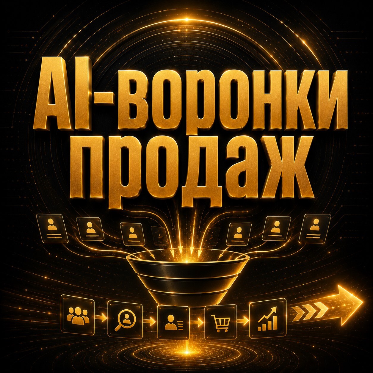Золотой баннер с надписью «AI-воронки продаж», цифровой воронкой, карточками клиентов, этапами продаж и стрелкой роста на тёмном технологичном фоне.